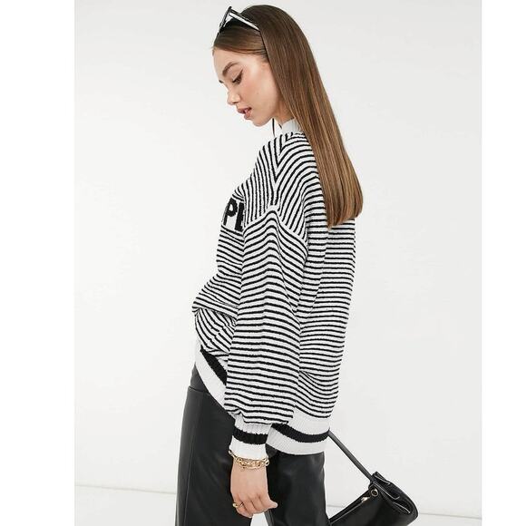 MNG Saint St Tropez Black White Striped Turtleneck Oversized Sweater Top Size XS - Picture 2 of 8